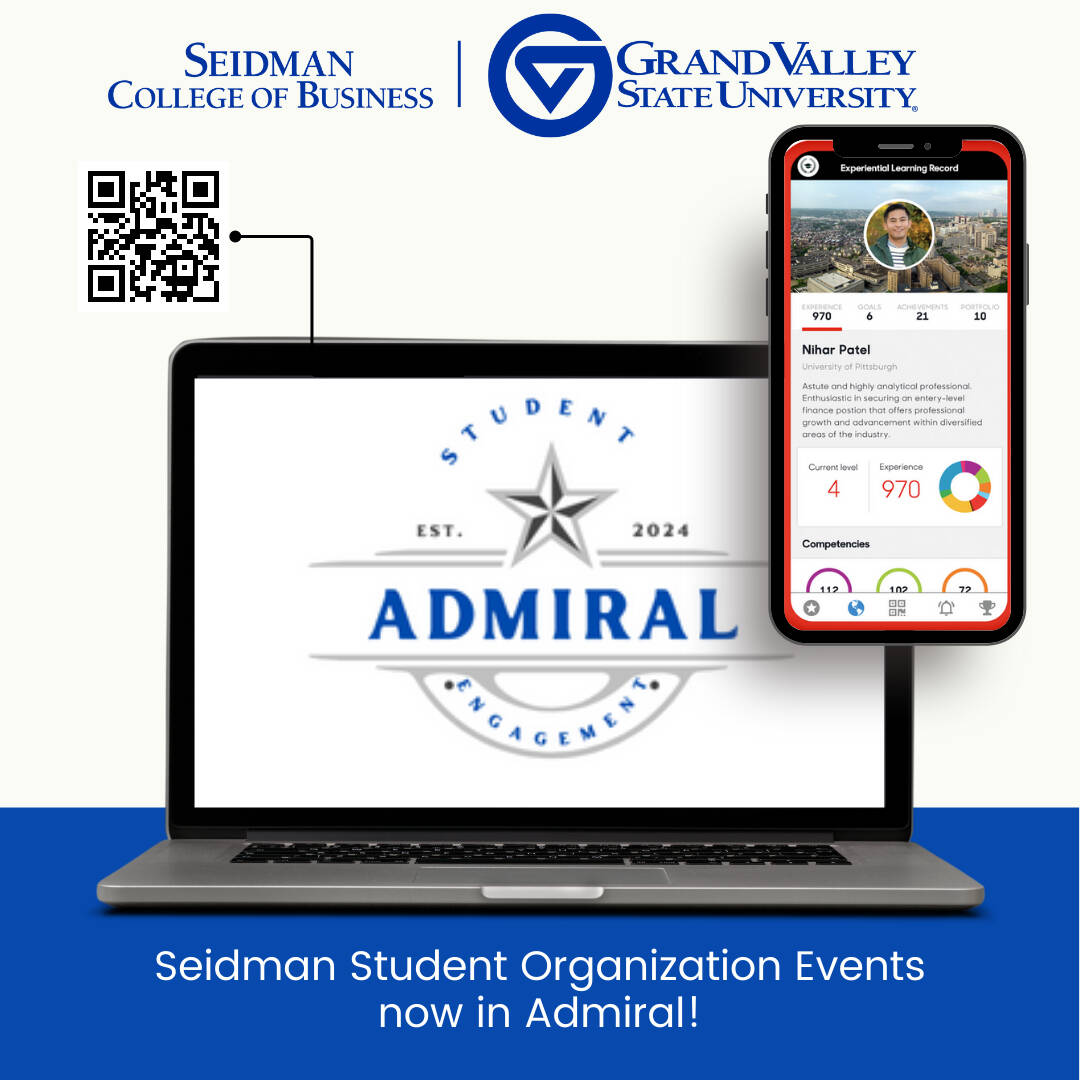SCB Logo with ADMIRAL Student Engagement badge and QR code on computer screen with photo of cell phone. Seidman Studetn Organization Events now in ADMIRAL!